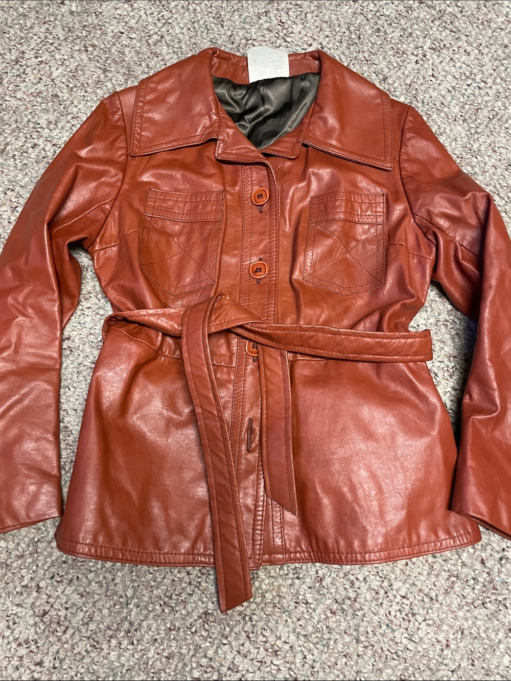 Womens Belted Faux Leather Jacket in Rust